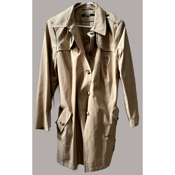 DKNY Womens Size 1X Khaki Trench Coat Button Front Lined Long Sleeve Jacket - Picture 2 of 9